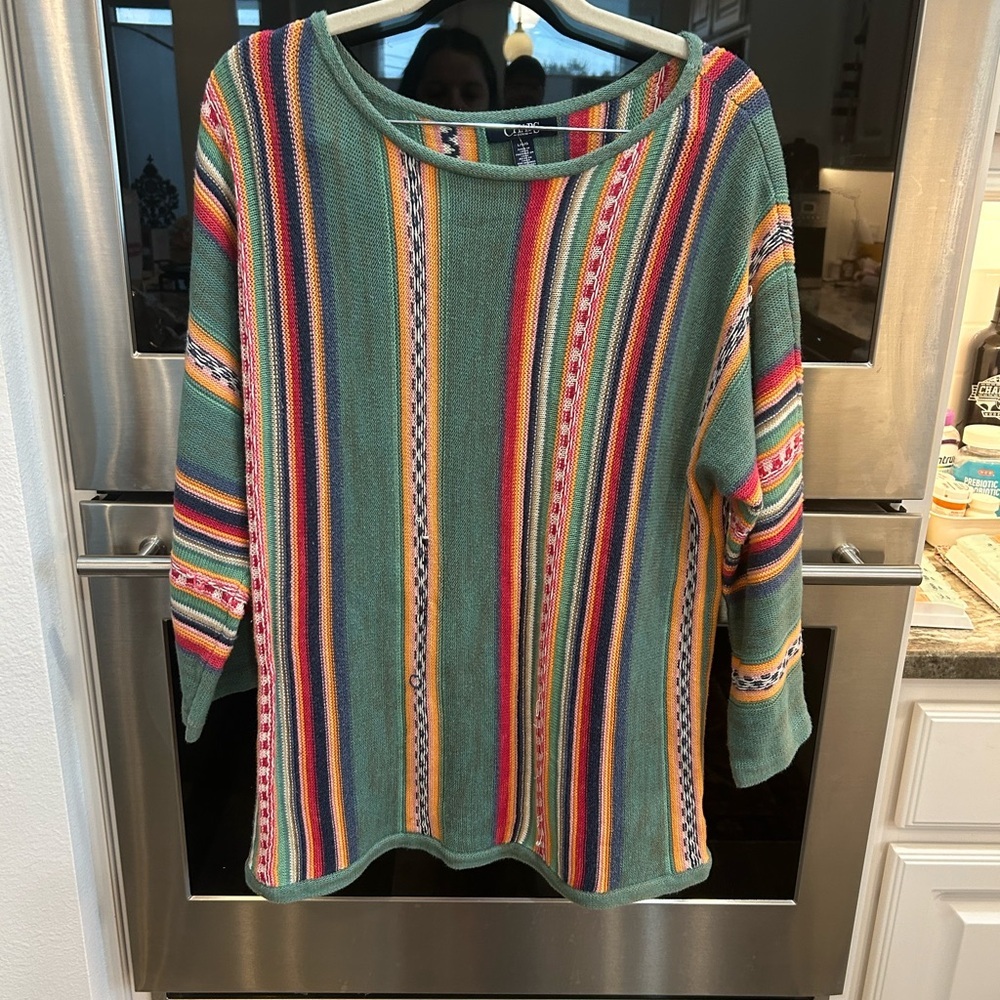 Chaps Aztec boho Striped Crew Neck Sweater size L a few snags GUC
